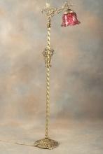 Fancy antique brass Floor Lamp, circa 1920s, in original finish and patina with 6 1/2" dia. frosted