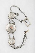 Vintage Silver Watch Chain, 16" L with 1 1/4" silver concho in center with raised gold horse head, f