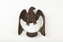 Vintage wooden hand carved wall hanging crescent shaped beveled Mirror, eagle has 9 1/2" wing spread