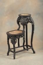 Most unusual oriental, carved teakwood two tiered Plant Stand with inlaid marble top, measures 32" T