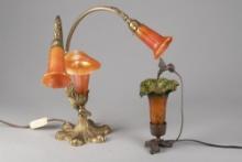 Two Art Glass Lamps. One is a single shade with Humming bird, measures 9 1/2" T on footed base. The