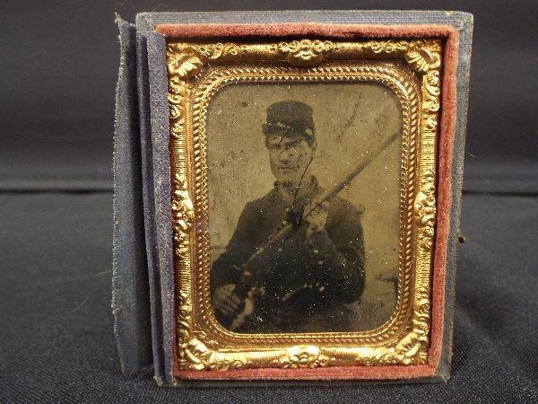 Civil War Soldier w/ Musket Tin Type Photo