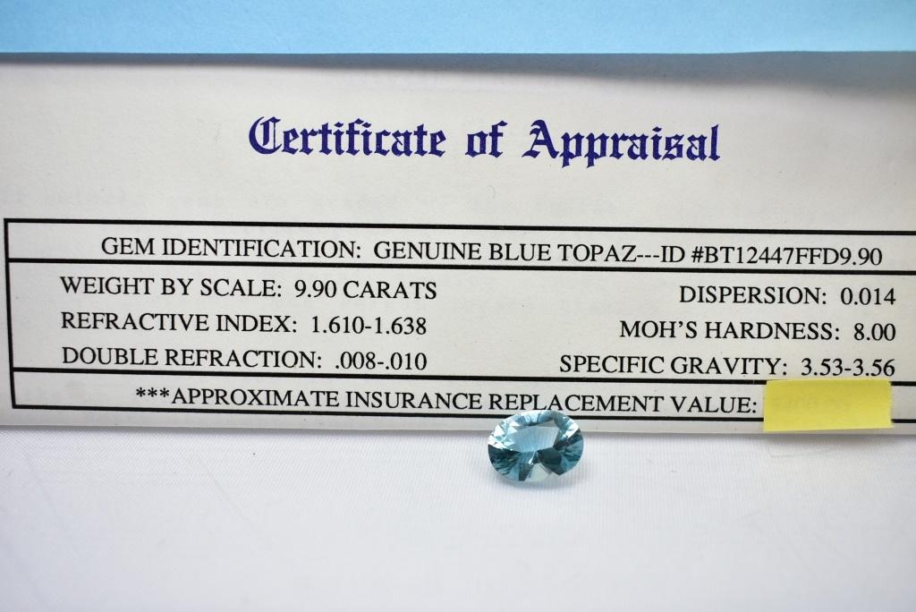 9.90 Carat Blue Topaz Gem Stone With Certificate Of Appraisal