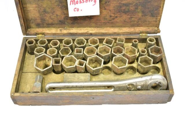 Circa 1920's Frank Mossberg socket set in a wooden box.