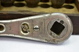 Circa 1920's Frank Mossberg socket set in a wooden box.