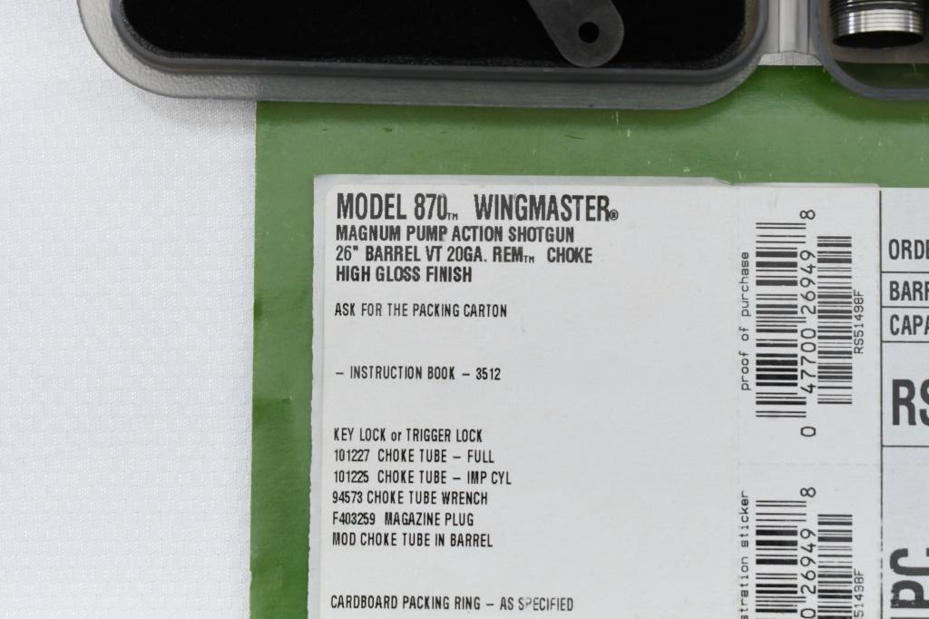 Remington, 870 Wingmaster, 20 Ga. (26" RemChoke), Pump (New W/ Box), SN - RS51498F