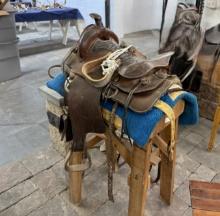 SADDLE WITH STAND, STIRRUPS, REINS, MISC. LEATHER - PICK UP ONLY