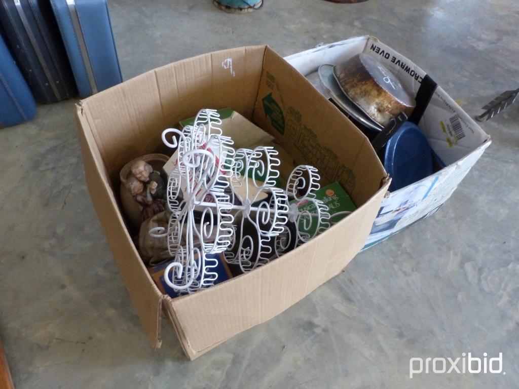 BOX OF COOKWARE, BOX OF VASES