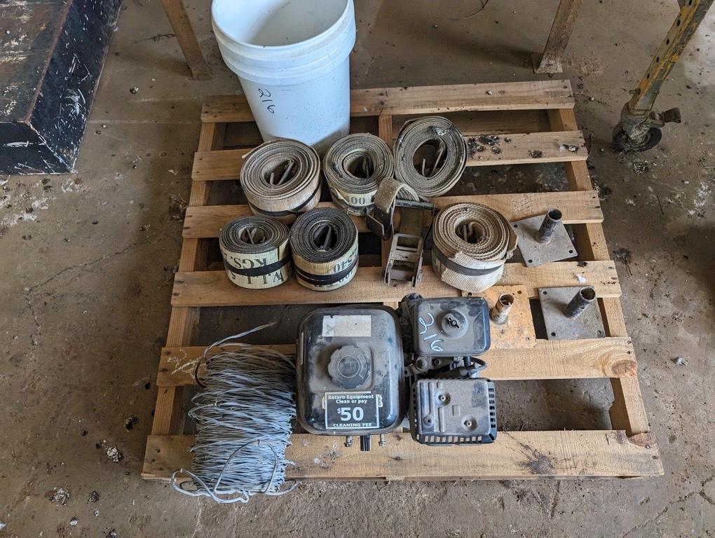 PALLET W/SMALL ENGINE, STRAPS, ETC