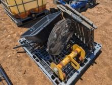 PALLET W/DEER STAND, FAN, METAL ROLLER, ETC