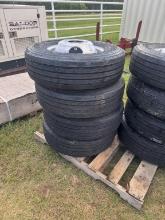 4 NEW ST235/80R16 TIRES ON DUAL RIMS, 14PLY