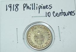 1918  Phillipines 10 Centavos Foreign Silver Coin