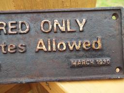 Cast Iron Colored Only No Whites Allowed Sign Savannah Georgia March 1930 Segregation Sign