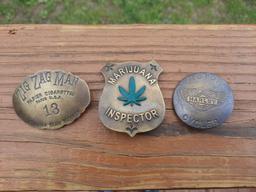 Lot of 3 Brass Badges Marijuana Inspector Zig Zag Man & Harley Davidson Badge