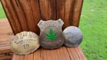 Lot of 3 Brass Badges Marijuana Inspector Zig Zag Man & Harley Davidson Badge