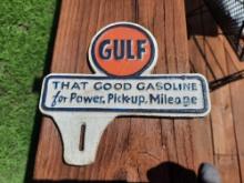 Cast Iron Gulf That Good Gasoline License Plater Topper Fob Gas & Oil Car