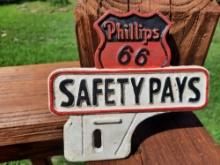 Cast Iron Phillips 66 Safety Pays License Plate Topper Fob Gas Oil Advertising