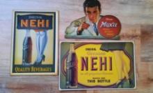 3 Large Heavy Paper Cardboard Nehi & Moxie Beverages Soda Pop Advertising Signs Posters