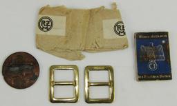 4pcs-Small NSDAP Pebbled Buckles W/RZM Package-1934 Arbeit Rally Badge-Hitler Booklet