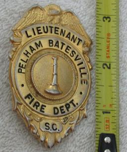 Ca. 1950-60's "PELHAM BATESVILLE, S.C. FIRE DEPT. LIEUTENANT" Badge