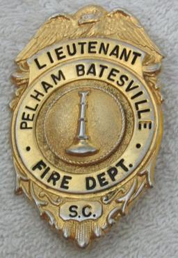 Ca. 1950-60's "PELHAM BATESVILLE, S.C. FIRE DEPT. LIEUTENANT" Badge