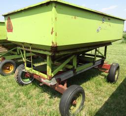 953. Parker 170 Bushel +/- Gravity Box on MN 6 Ton Wagon