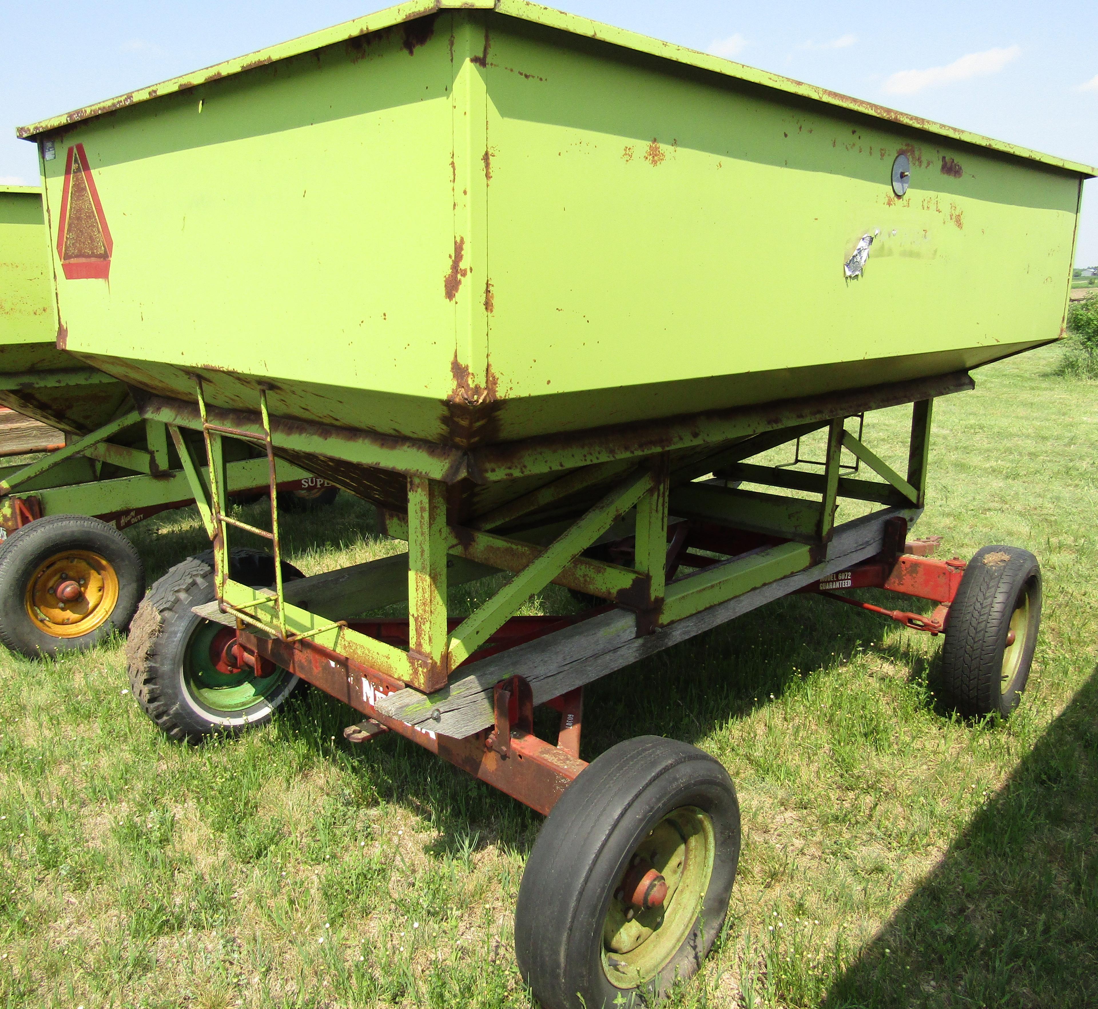 953. Parker 170 Bushel +/- Gravity Box on MN 6 Ton Wagon
