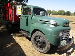 244. VERY NICE 1949 FORD F-5 ONE TON TRUCK, 7.5 FT X 8 FT. WOODEN GRAIN BOX