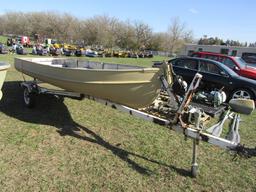 80. 13 FT. ALUMACRAFT FISHING BOAT WITH TRAILER, REGISTRATION on BOAT, NO REGISTRATION on TRAILER