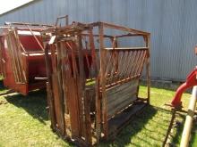 1356. Older Livestock Squeeze Chute, Self Locking Headgate, Transport Wheel