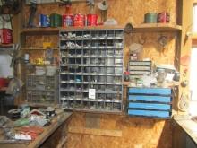 1487. BOLT RACK WITH BOLTS, ORGANIZERS AND HARDWARE ON WALL