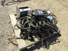 1548. PALLET OF CABLE, HORNS, BELTS, HYD. HOSE AND MORE
