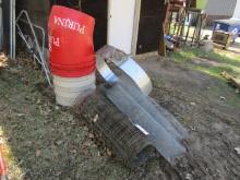 1565. POLY TUBS, YARD FENCING, METAL FLASHING