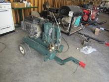 1568. SHOP BUILT PORTABLE AIR COMPRESSOR WITH GAS ENGINE ON TRANSPORT, NO R