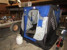 1581. OTTER XT 650 3 PERSON PORTABLE FISH HOUSE WITH SUNFLOWER HEATER AND L