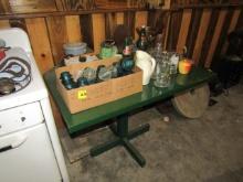 1625. TABLE WITH MUGS, SODA BOTTLES, CARNIVAL BOWL, GLASS INSULATORS AND MO