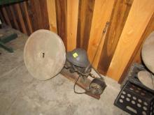 1627. GRINDSTONE, ELECTRIFIED WALL DRILL, STEEL HELMET