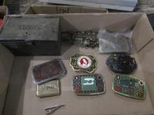 1703. GREAT NORTHERN RR BELT BUCKLES, GNRY METAL BOX, PLUS OTHER RR BUCKLES