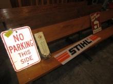 1713. SIGNS INC. NO PARKING, STIHL, OLD THERMOMETER FROM SOUTHEAST EQUIPMEN