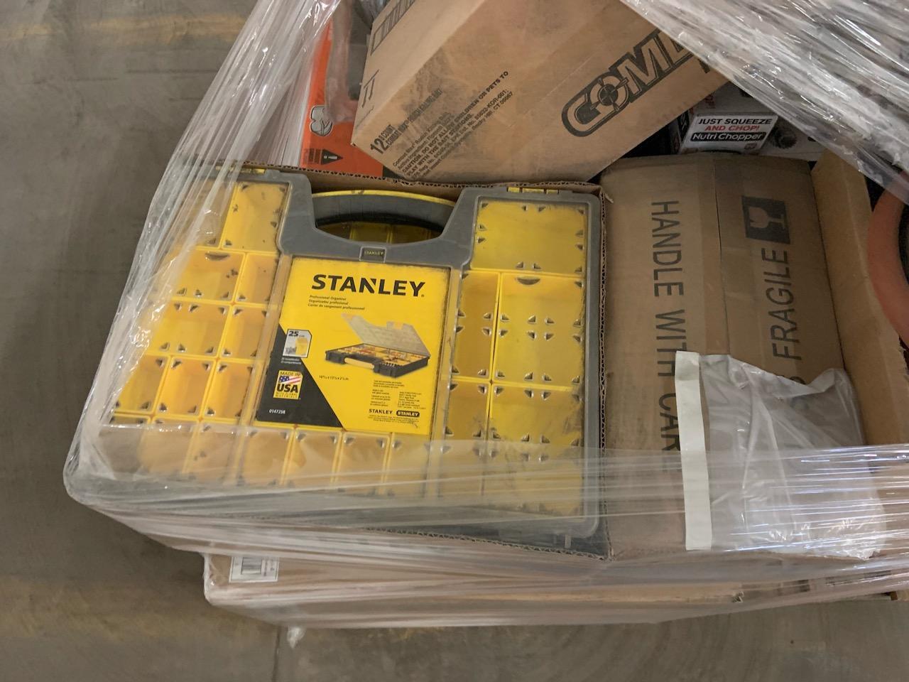 Pallet of mixed merchandise, to include but not limited to: Blower, hardware organizer, food chopper