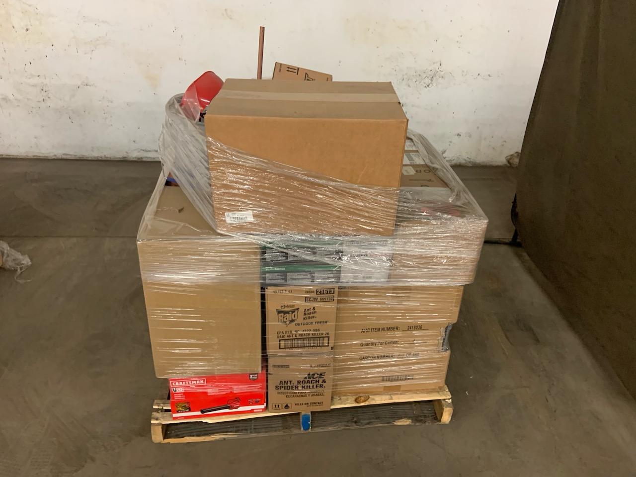 Pallet of mixed merchandise, to include but not limited to: Blower, hardware organizer, food chopper