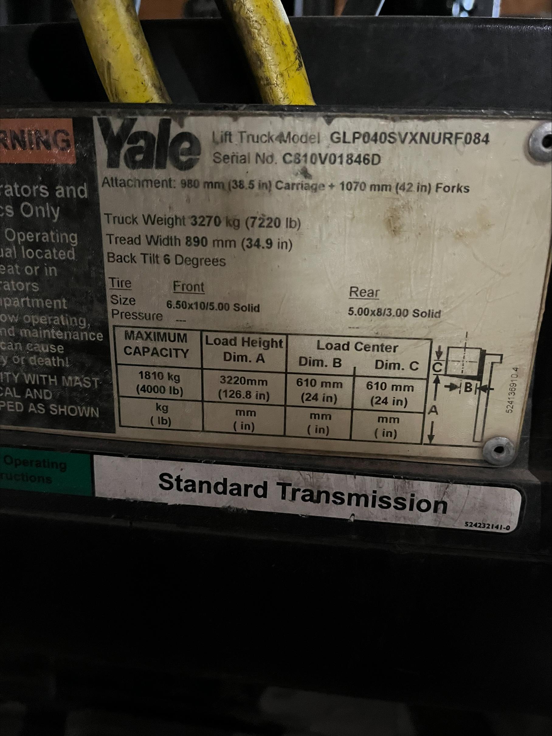 Storm Lake, IA- 2006 YALE 4 wheel cushion Model: GLP040SVXNURF084 VIN: C810V01846D Hours:  3436 Note