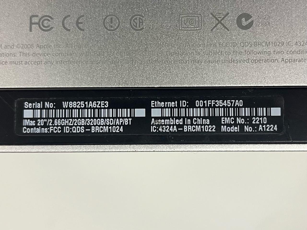 Loc: 12.2. Apple iMac 20" All in One Model: A1224 Serial: W88251A6ZE3. This lot is located at: 200 M
