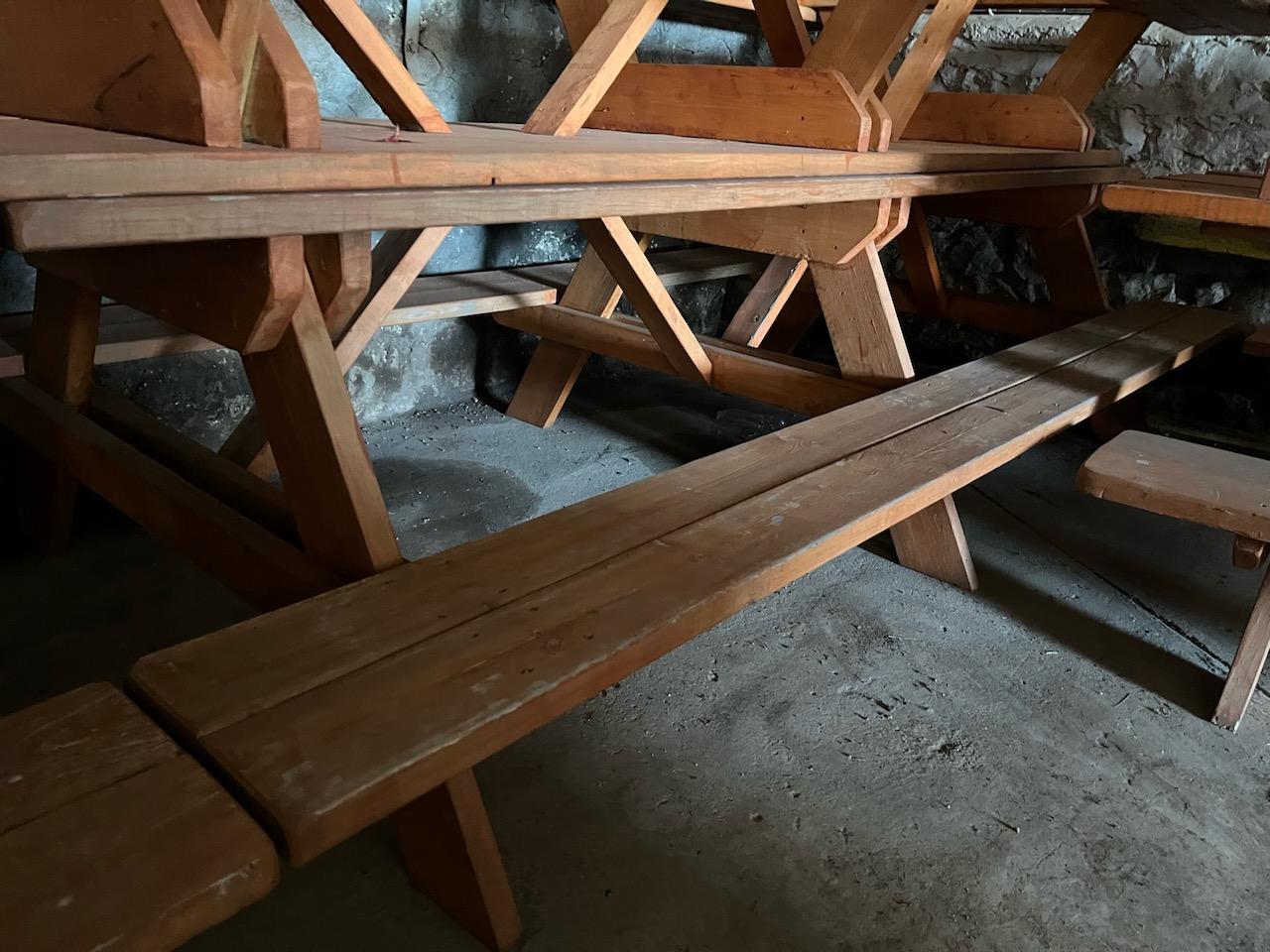 Loc: Bus.  10' x 33" wooden picnic table