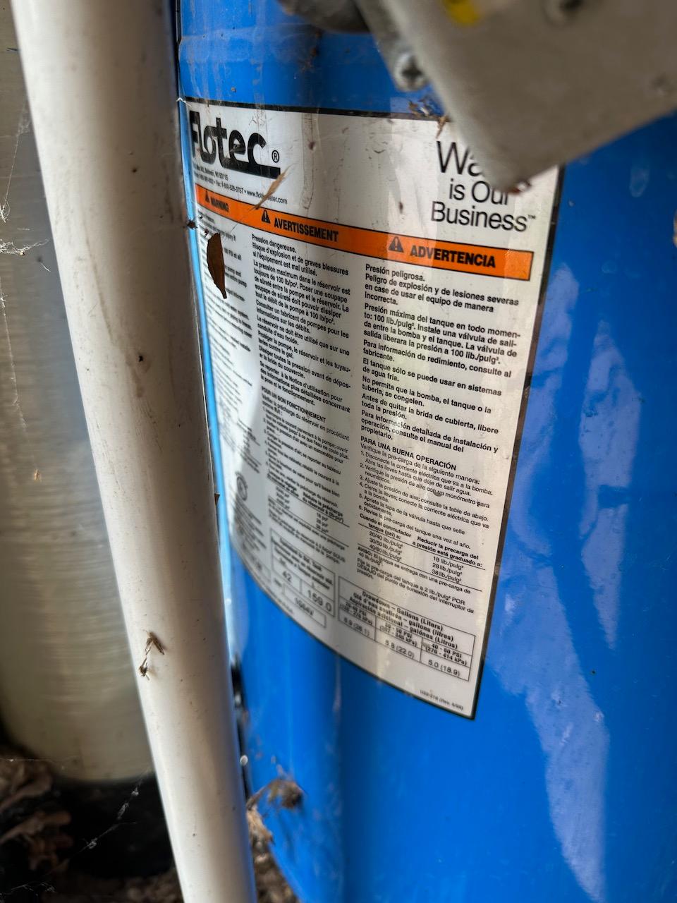 Loc: Bus.  Flowtec Model FP7110T-08 Pressure Tank, 19 gal Capacity, 100 psi with (3) Pol-E-Wound 942