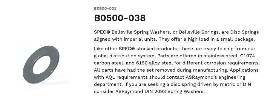 15,000qty - SPECÂ® Belleville Spring Washers - Passivated Part Number: B050003838