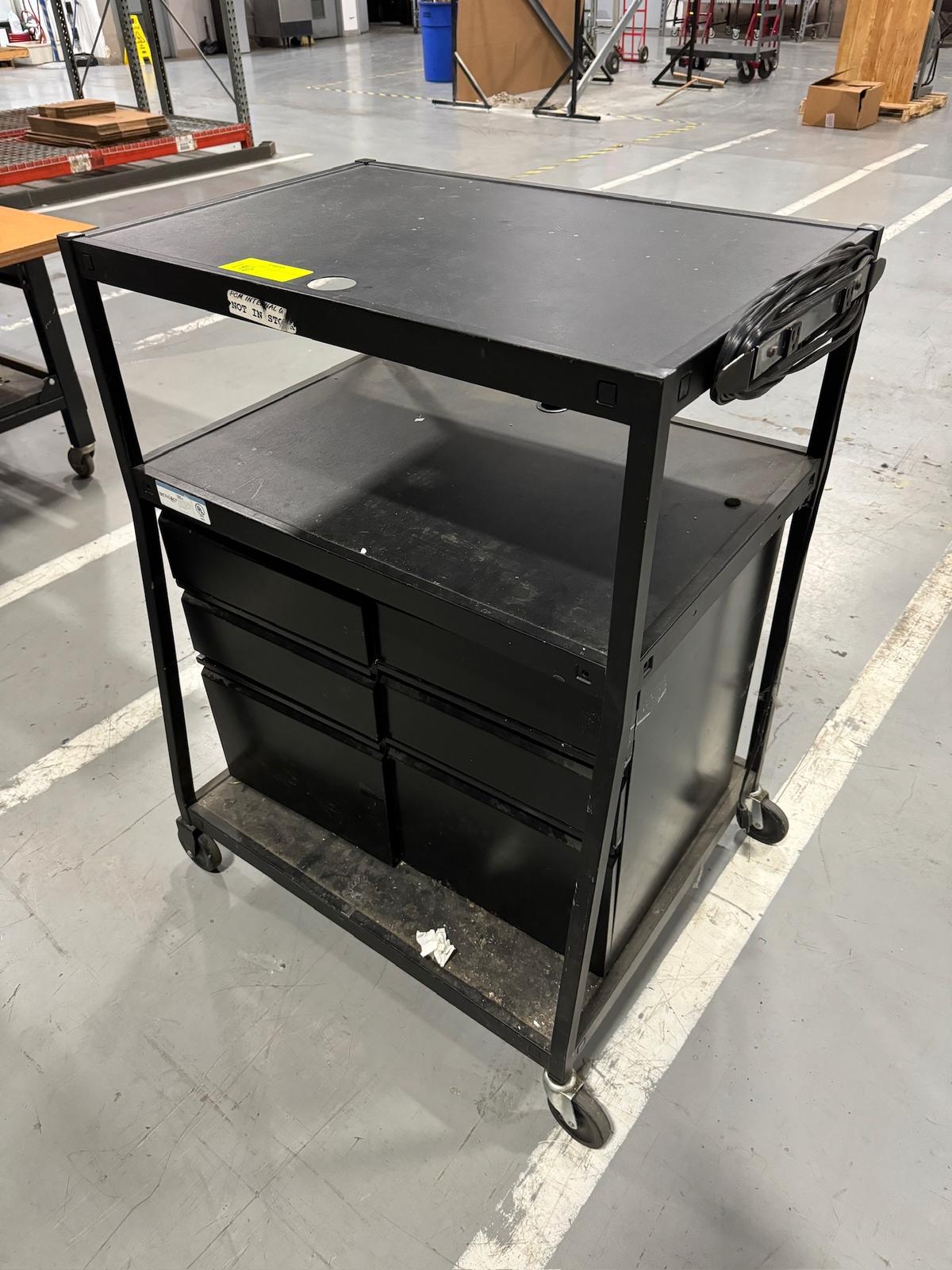 3-Shelf Powered Media Cart w/ (2) Black Metal Cabinets