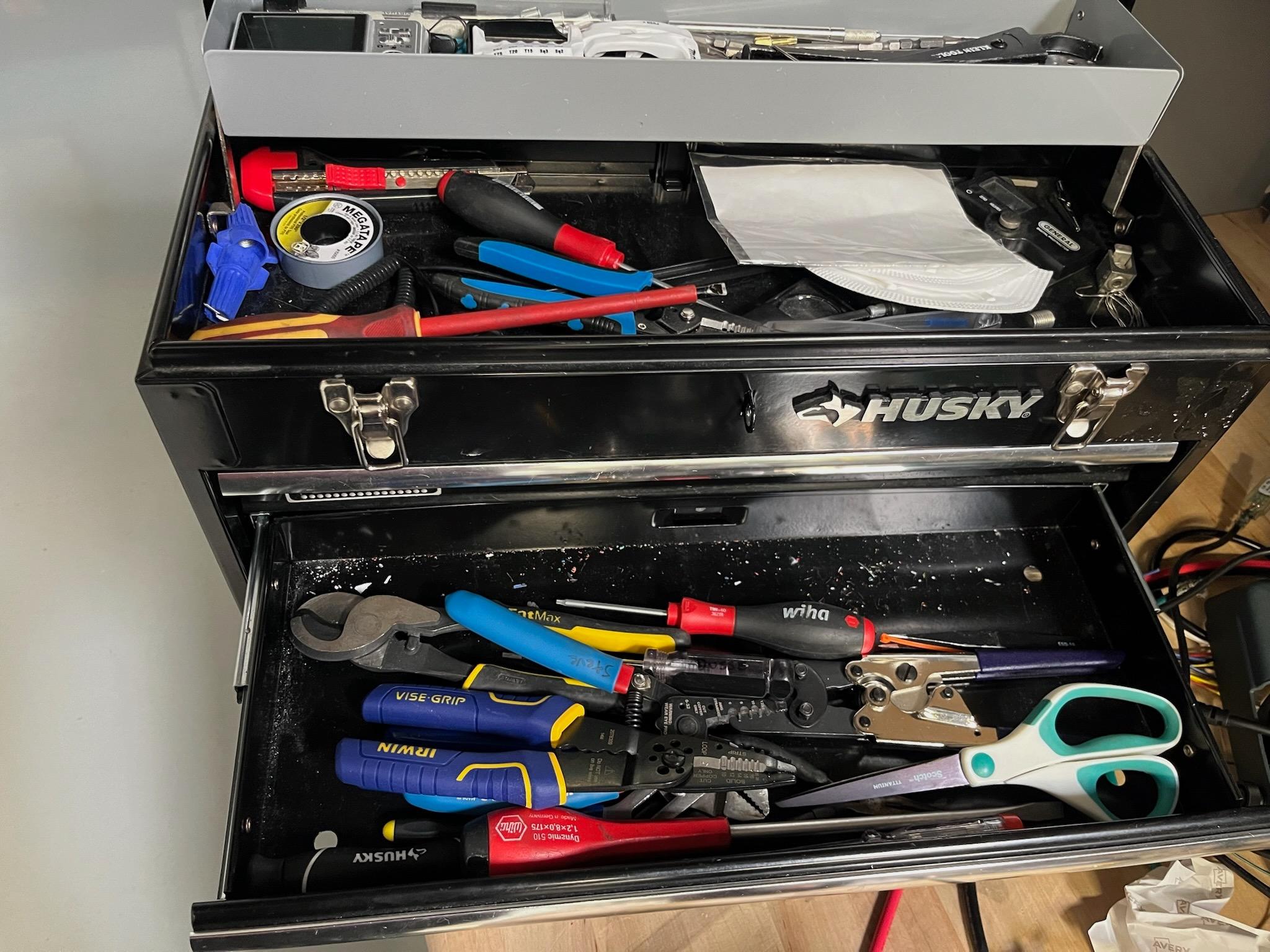 Work Table with Husky Tool Chest, Hand Tools, Parts, & Components