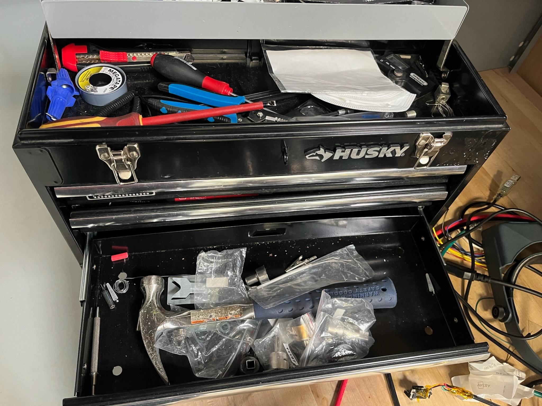 Work Table with Husky Tool Chest, Hand Tools, Parts, & Components