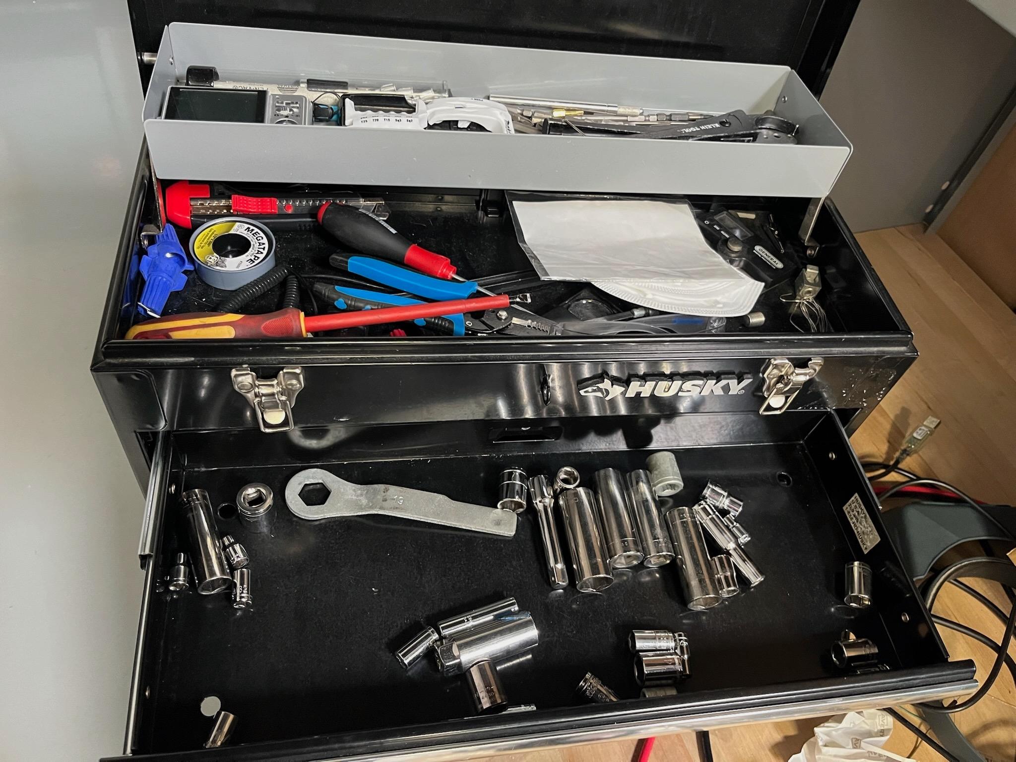 Work Table with Husky Tool Chest, Hand Tools, Parts, & Components